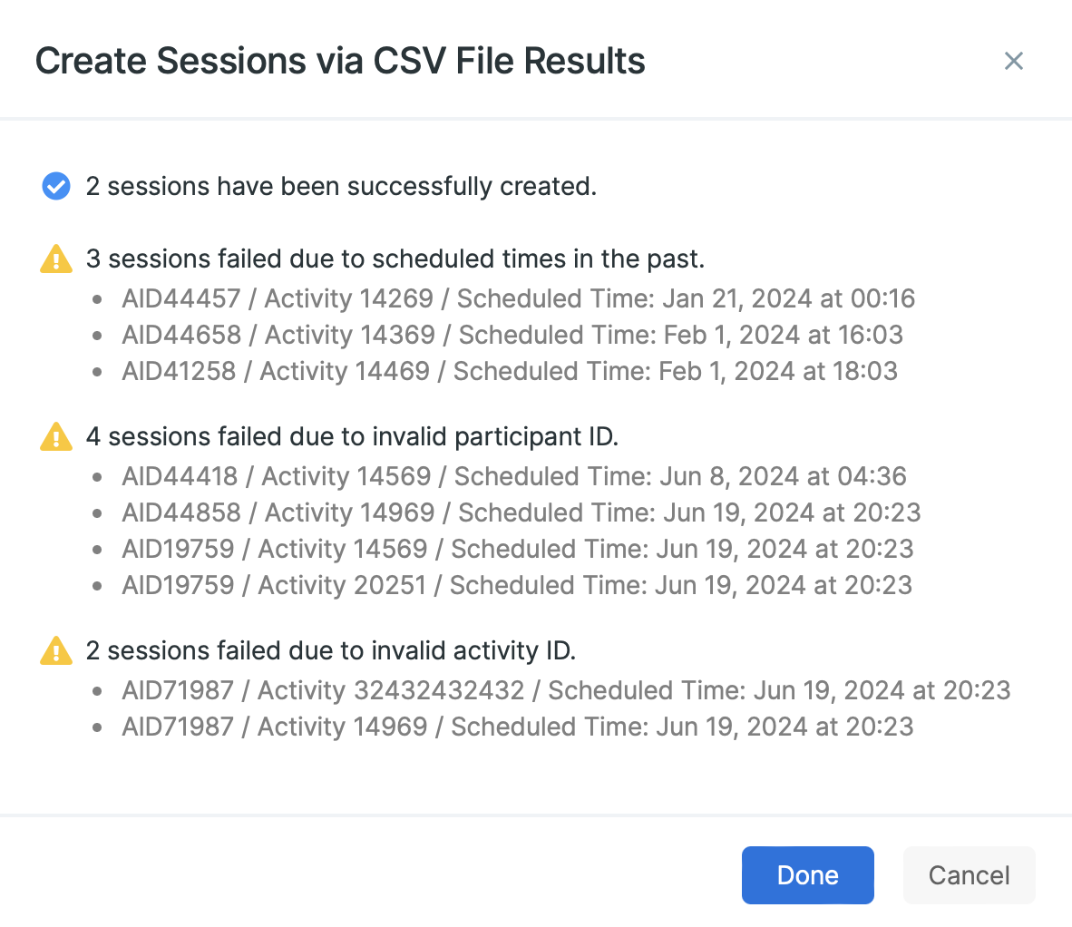 Create Sessions via CSV File Results