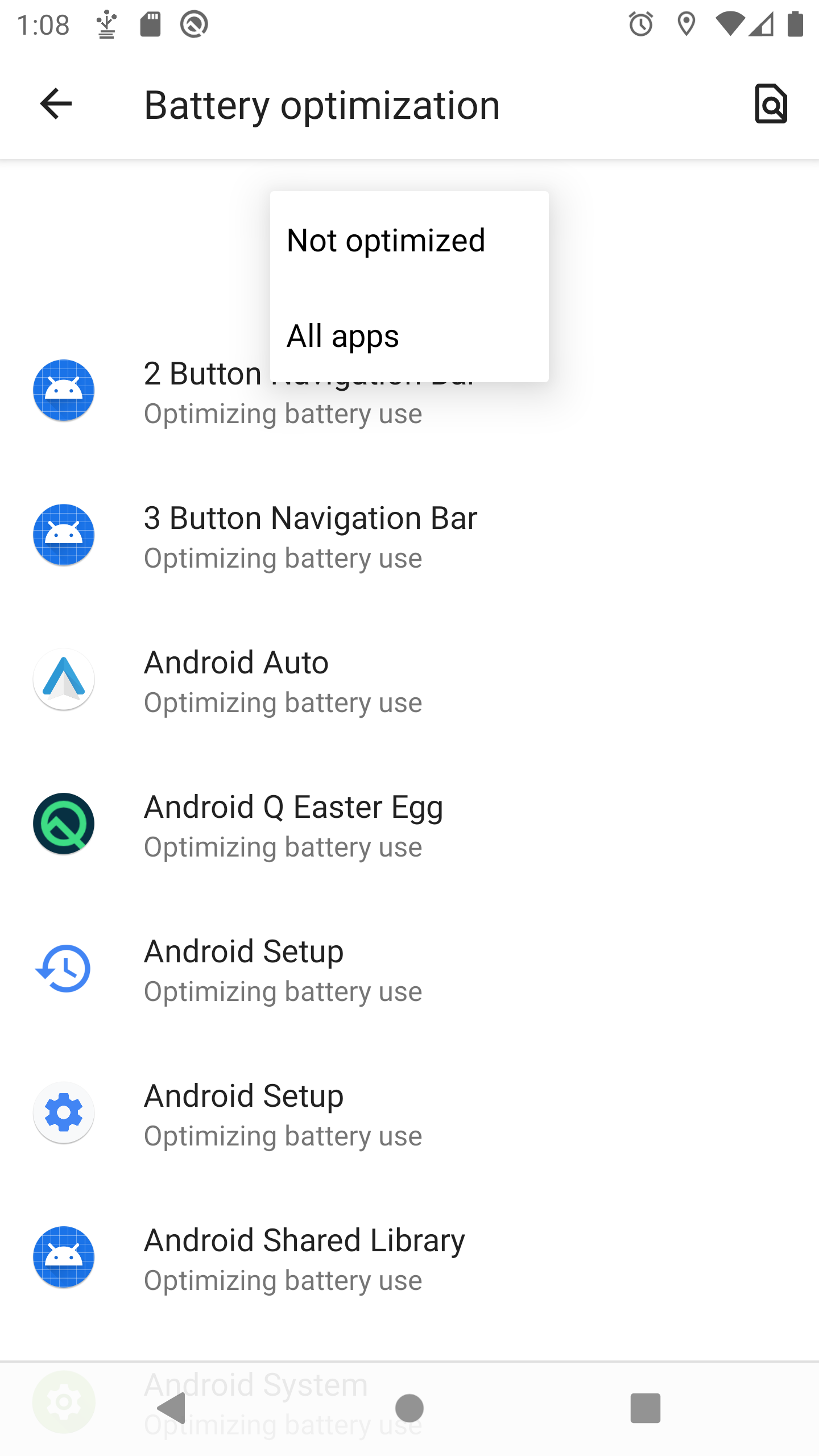Battery Optimization screen - All apps option