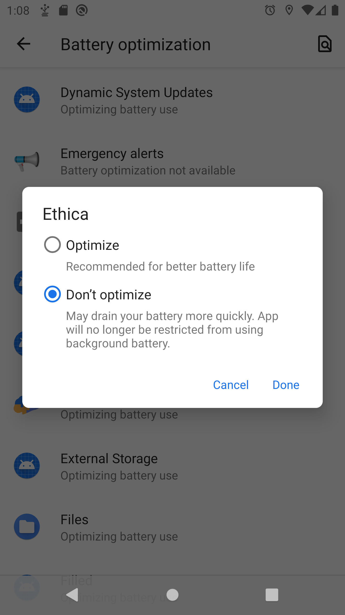 Battery Optimization screen - Dont Optimize option