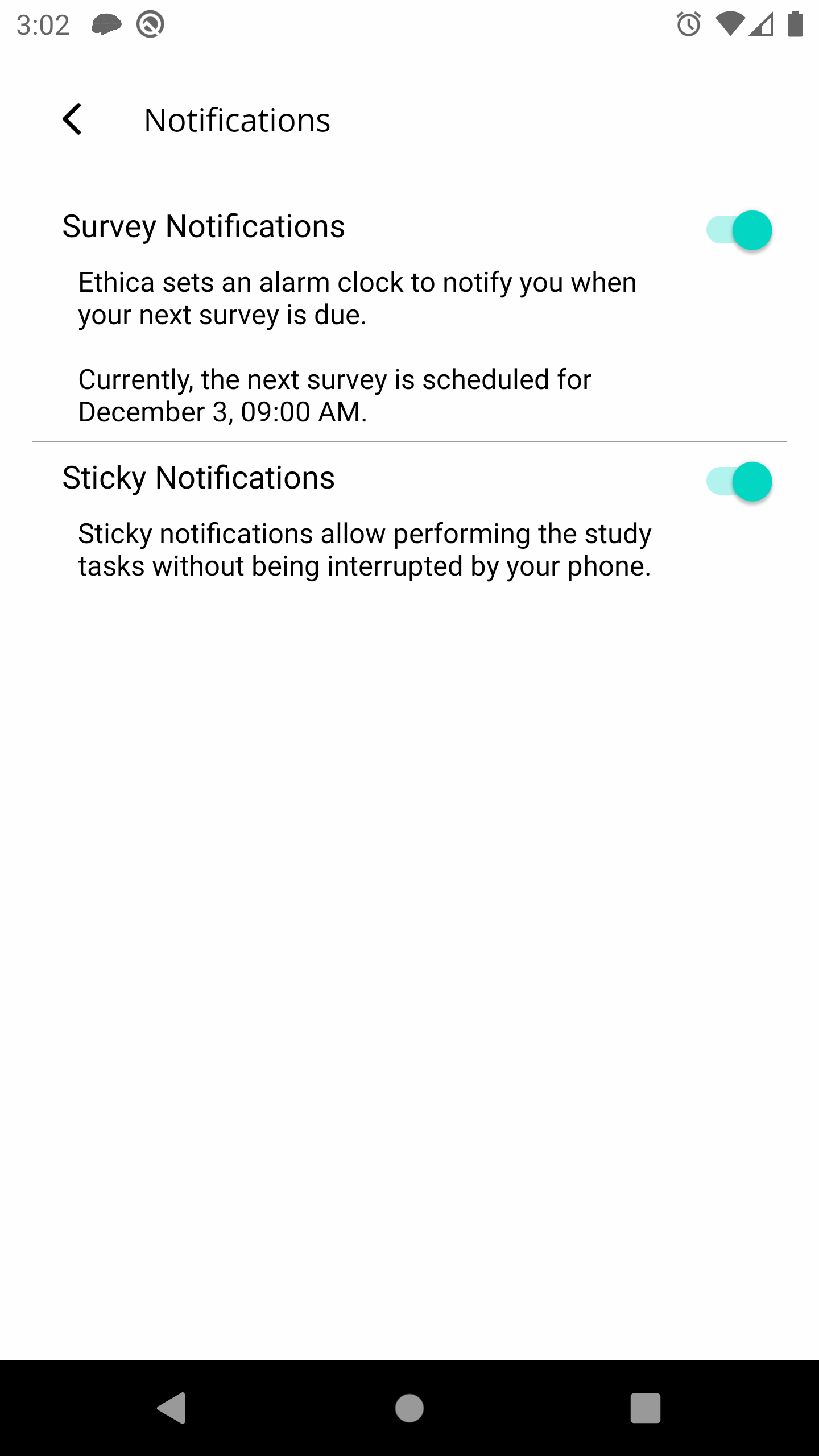 Avicenna App Allows Participants to Decide Whether Sticky Notifications Should be Used or Not