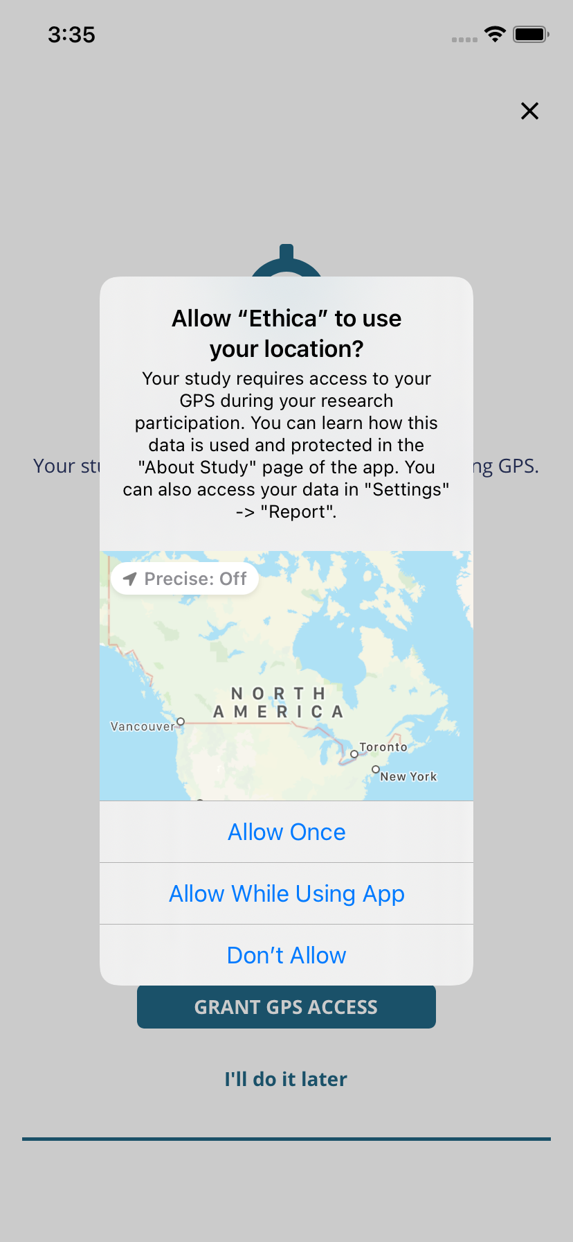 Avicenna App for iOS Requesting GPS Permission for Background Activity