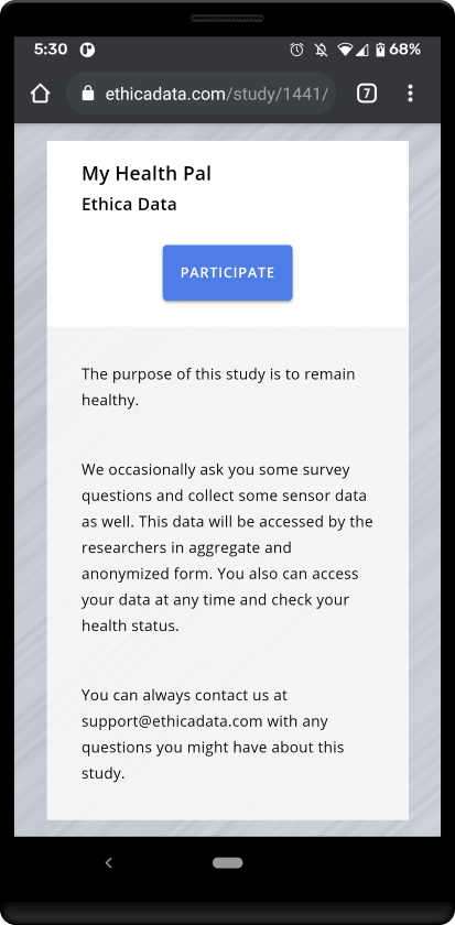 Avicenna web app study home page enrollment dialog in Android