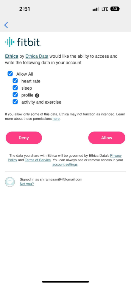 Selecting which Fitbit metrics to grant access to