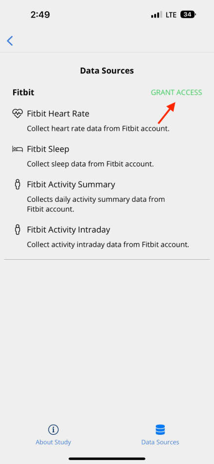 Granting access to Fitbit on the Data Sources page