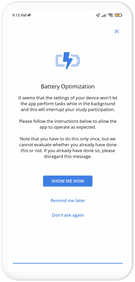 Disable battery optimization for the Ethica app