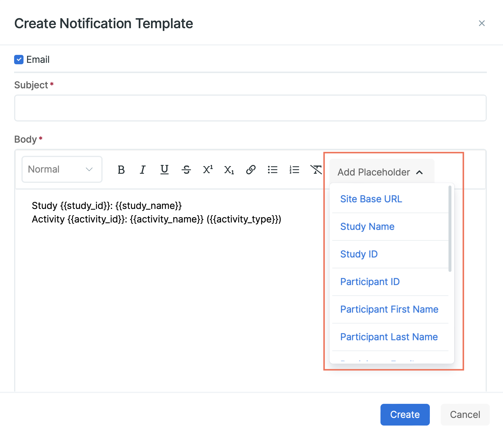 Adding placeholder to content of your notification template