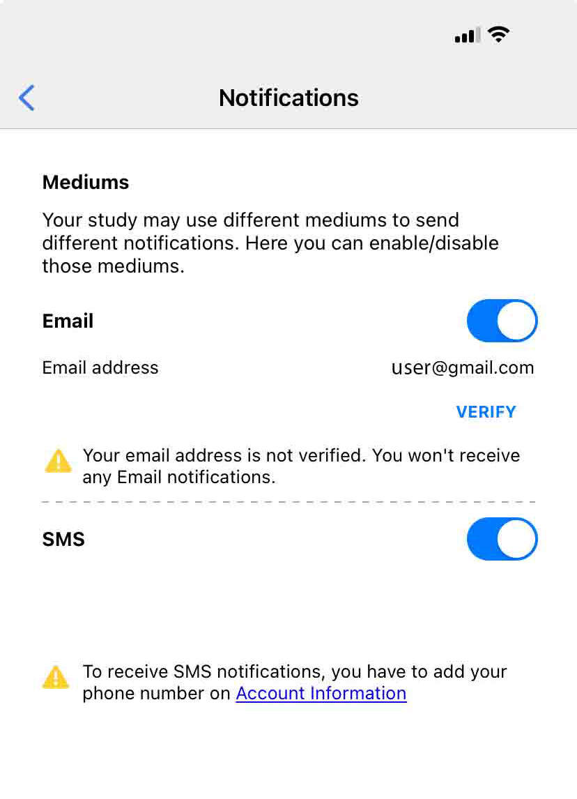 How participants can change notification settings on the app